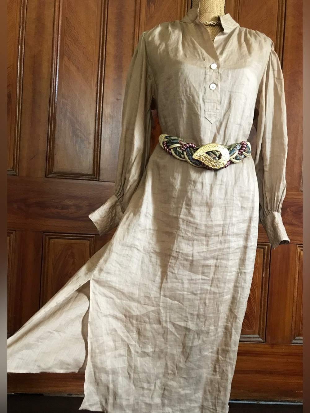 Vintage Banana Republic Beige Boho Linnen-like Tunic Shirt/Dress Nightie w Slip